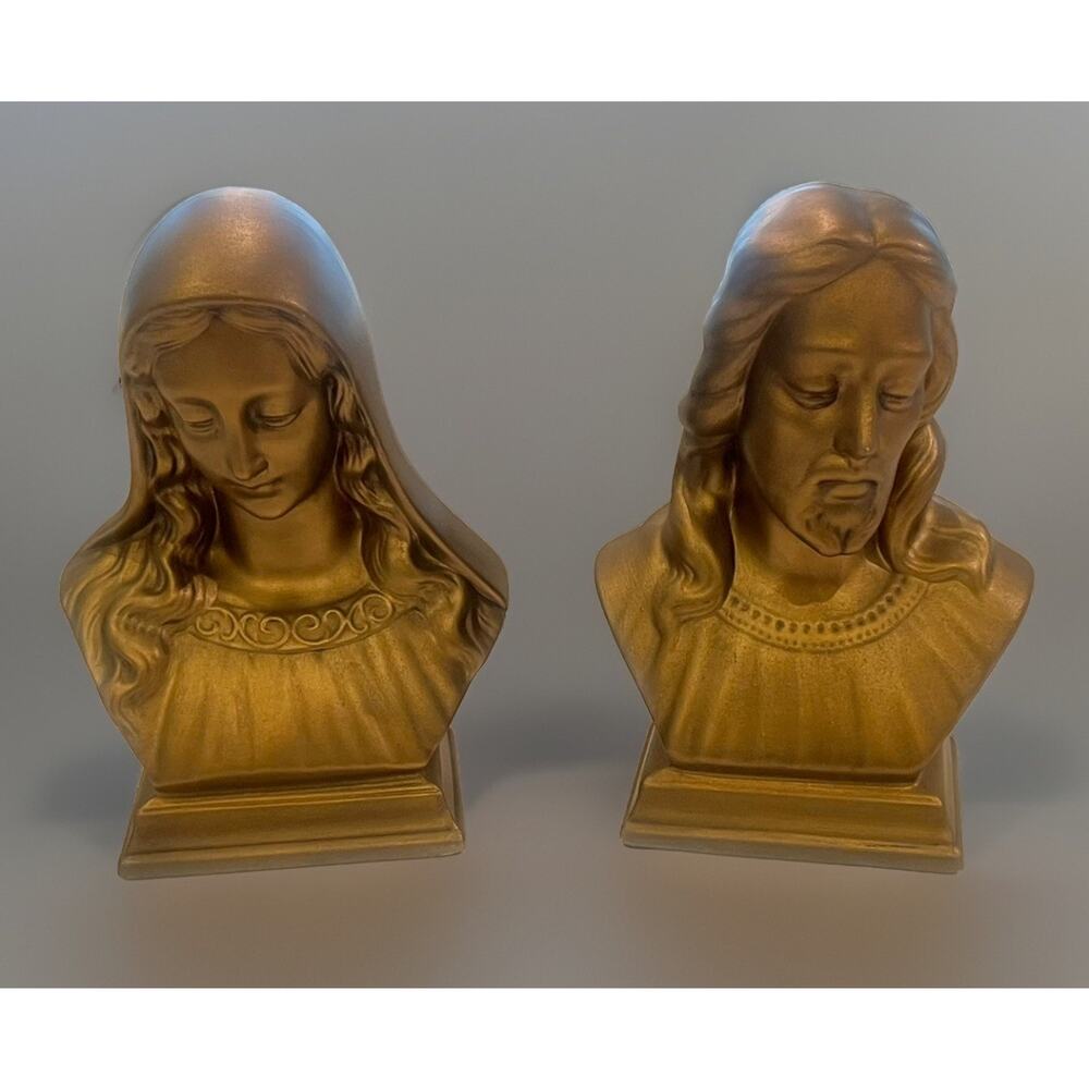 VTG Holland Mold Jesus Mary Bust Figurine Statue Gold Bronze Nativity Christmas